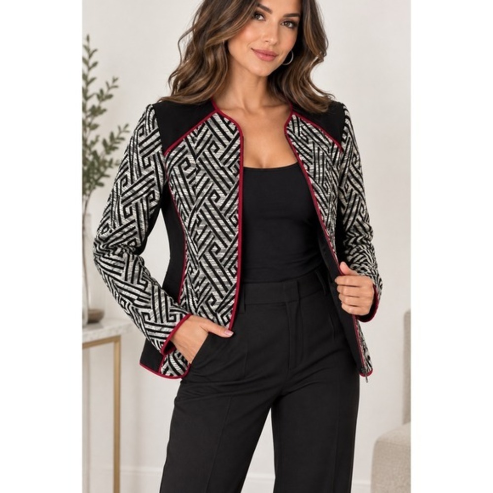 HM Black White Geometric Maze Print Zip Jacket Red Piping Size 6 Blazer